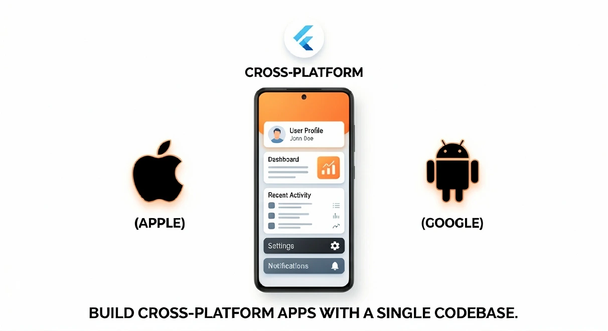 Flutter cross-platform app development showing mobile UI with iOS and Android integration
