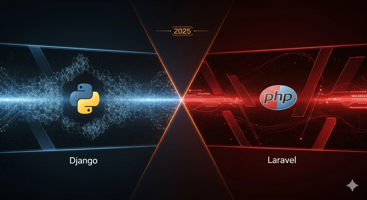 Django vs Laravel comparison in 2025 with Python and PHP logos