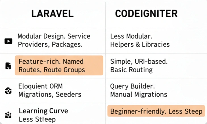 Laravel and CodeIgniter feature comparison table