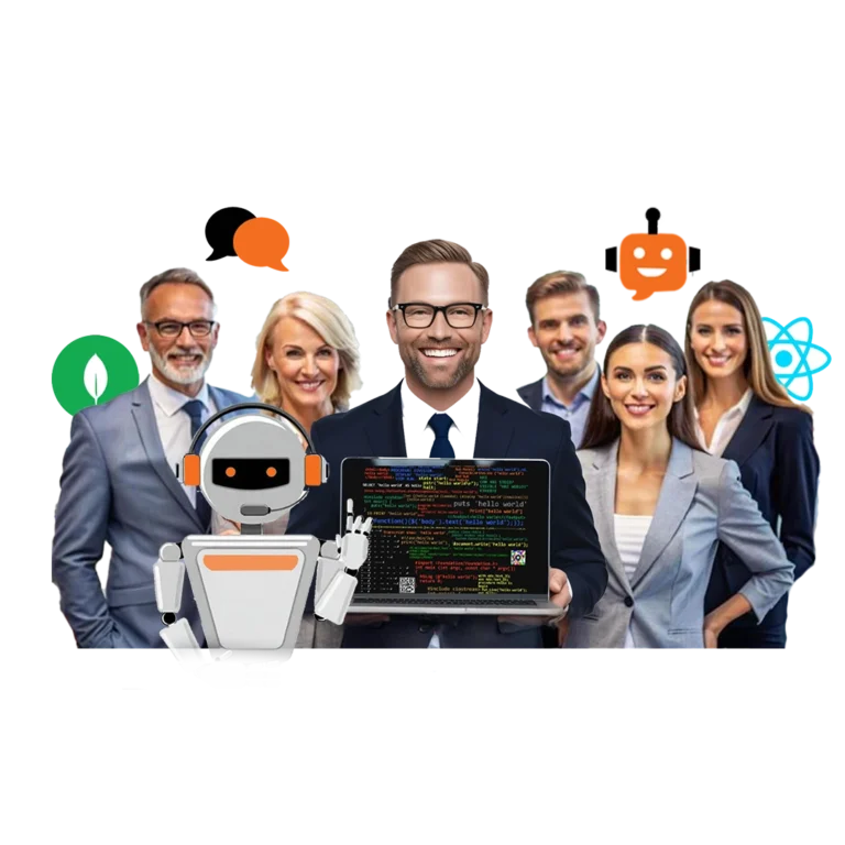 A diverse group of professionals in business attire collaborating with a humanoid robot in an AI development setting.