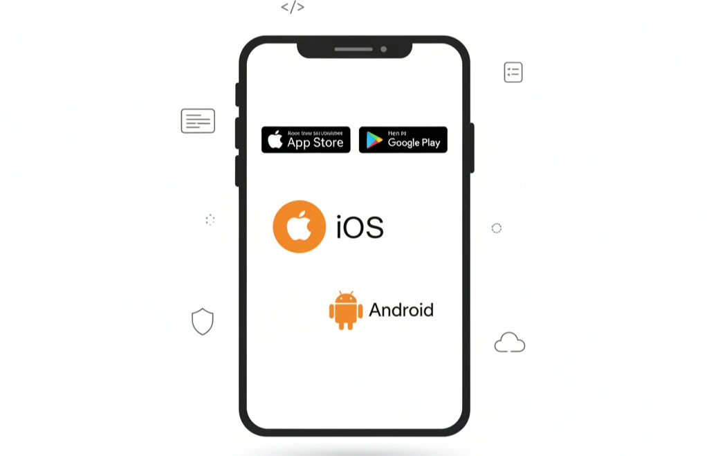 Smartphone showing iOS and Android app store icons representing native app development