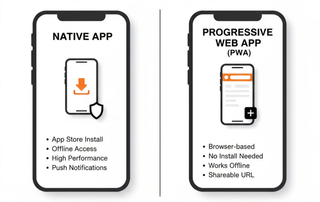 Infographic comparing native app and progressive web app features
