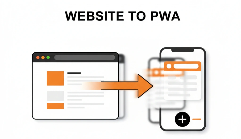 Illustration showing a website transforming into a mobile progressive web app