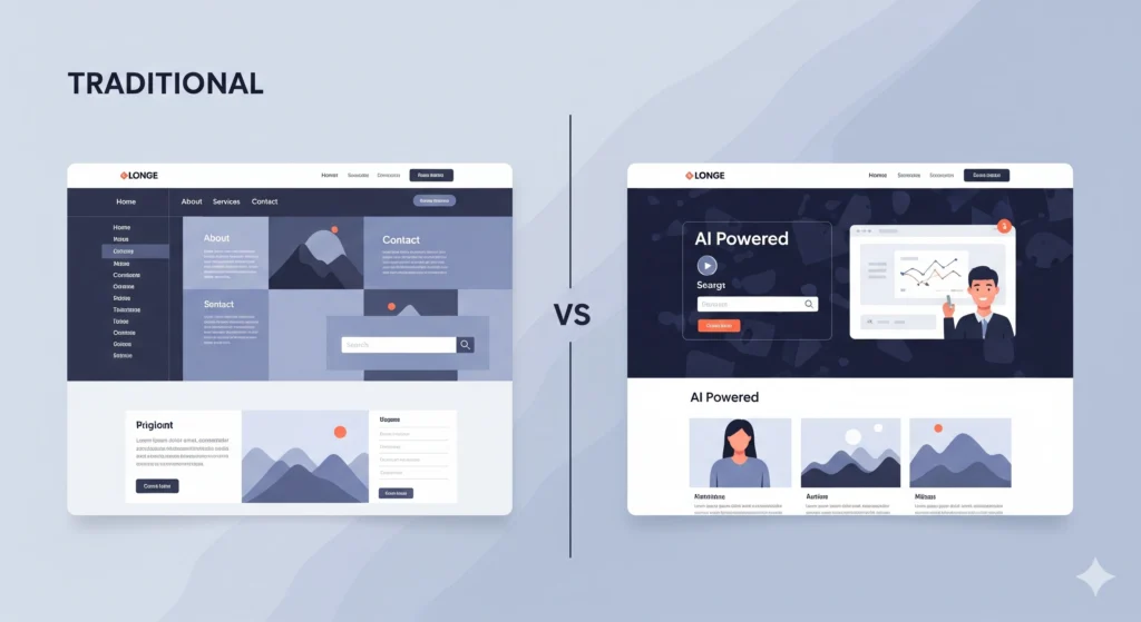 Comparison of a traditional website and an AI-integrated website with modern automation.