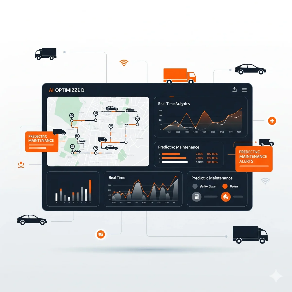 Artificial intelligence optimizing logistics and transportation with smart fleet analytics and automation.