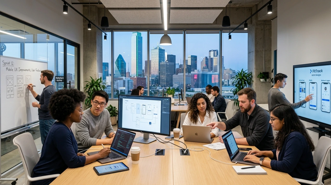 Mobile app development team in Dallas working on UI and app design in a modern office