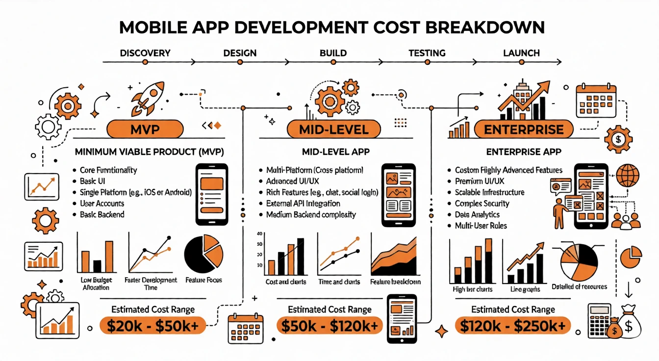 App development cost breakdown in Texas showing MVP mid level and enterprise pricing ranges