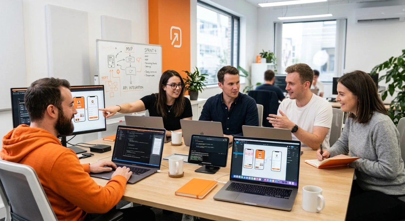 Mobile app development team in Dallas working on app design and coding process