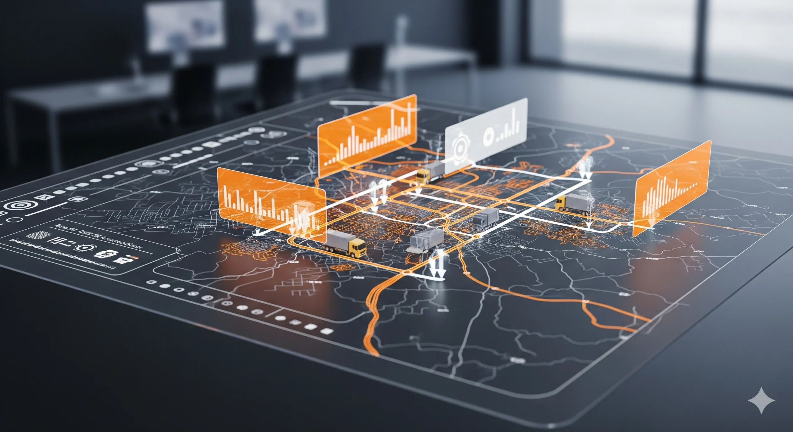Fleet optimization AI predicting truck maintenance issues with real-time performance analytics.
