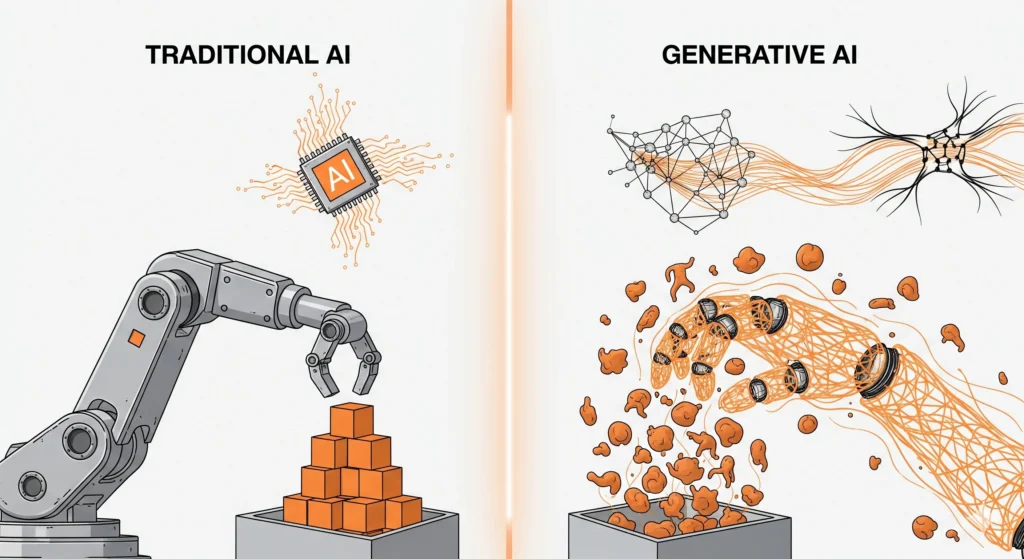 Traditional AI vs generative AI integration comparison visual