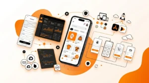 Mobile app development guide 2026 showing app design, coding, testing, and launch workflow