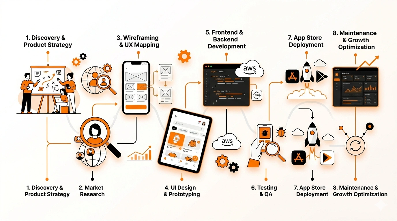 Mobile app development lifecycle stages in 2026 from discovery and design to testing, launch, and maintenance