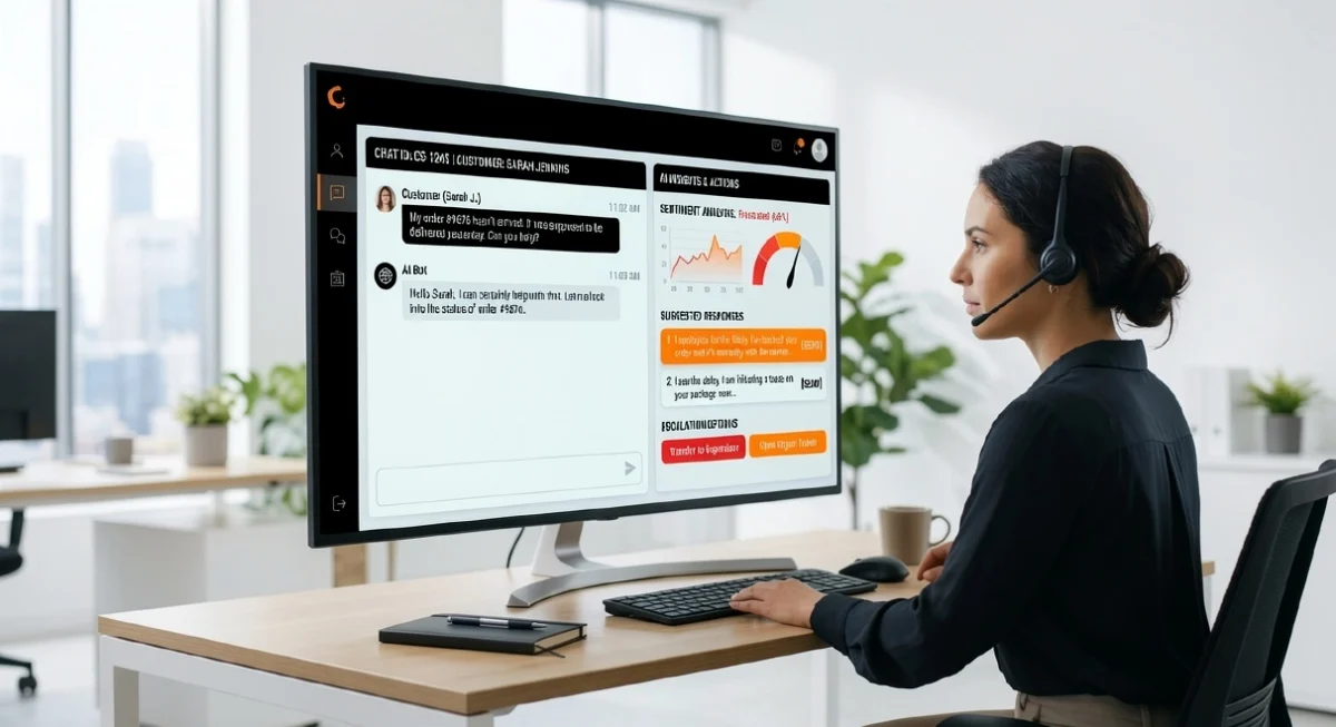 AI customer support agent using chatbot dashboard with sentiment analysis and escalation alerts in modern office