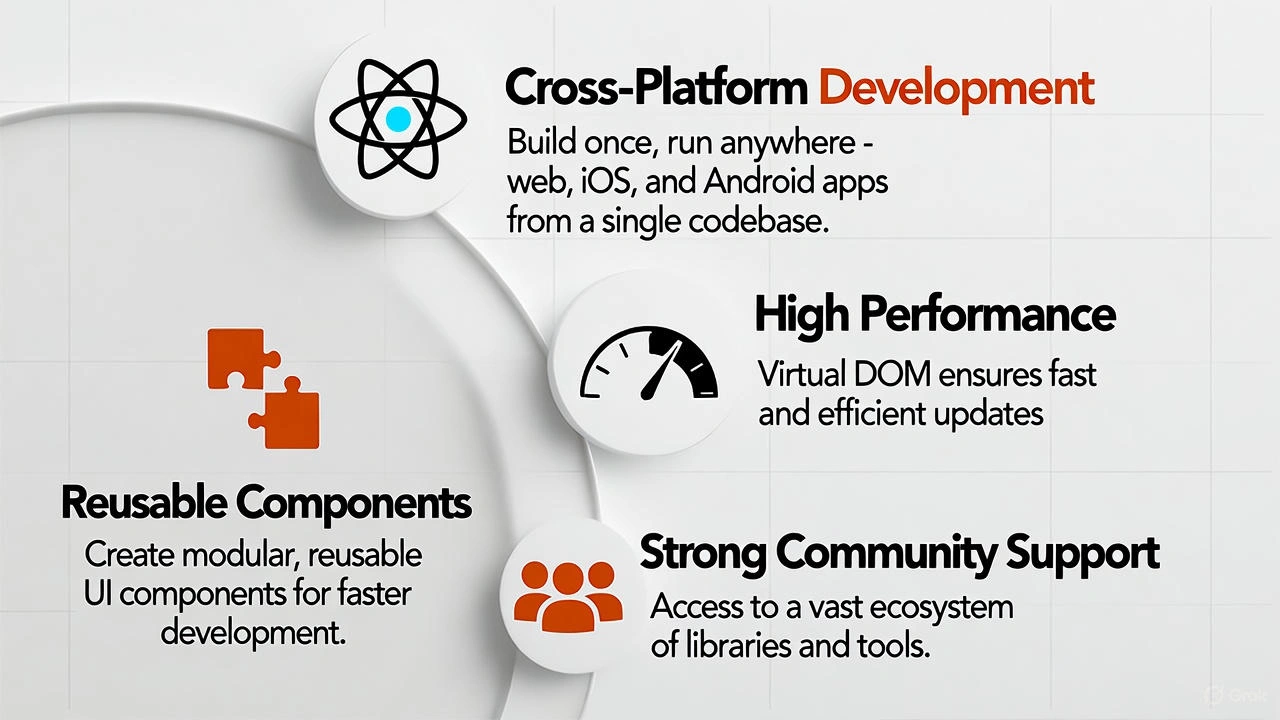 Infographic showing benefits of React for mobile app development 