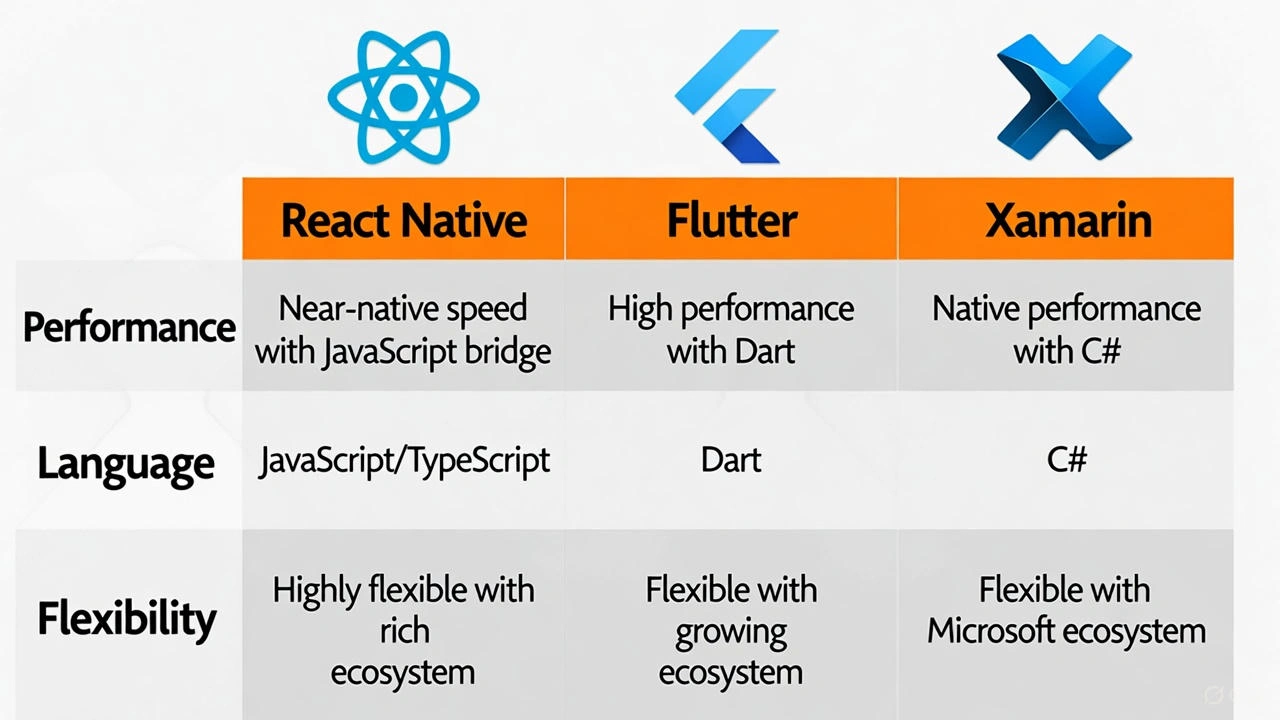 Infographic comparison between React Native, Flutter, and Xamarin frameworks