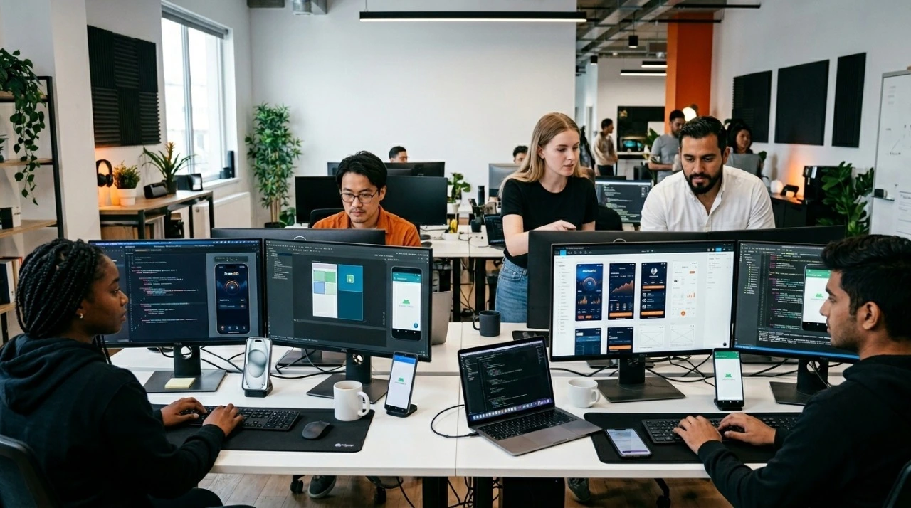 Best mobile app development languages 2026 illustration with developers