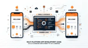 Cross-platform mobile app development showing one codebase running on iOS and Android
