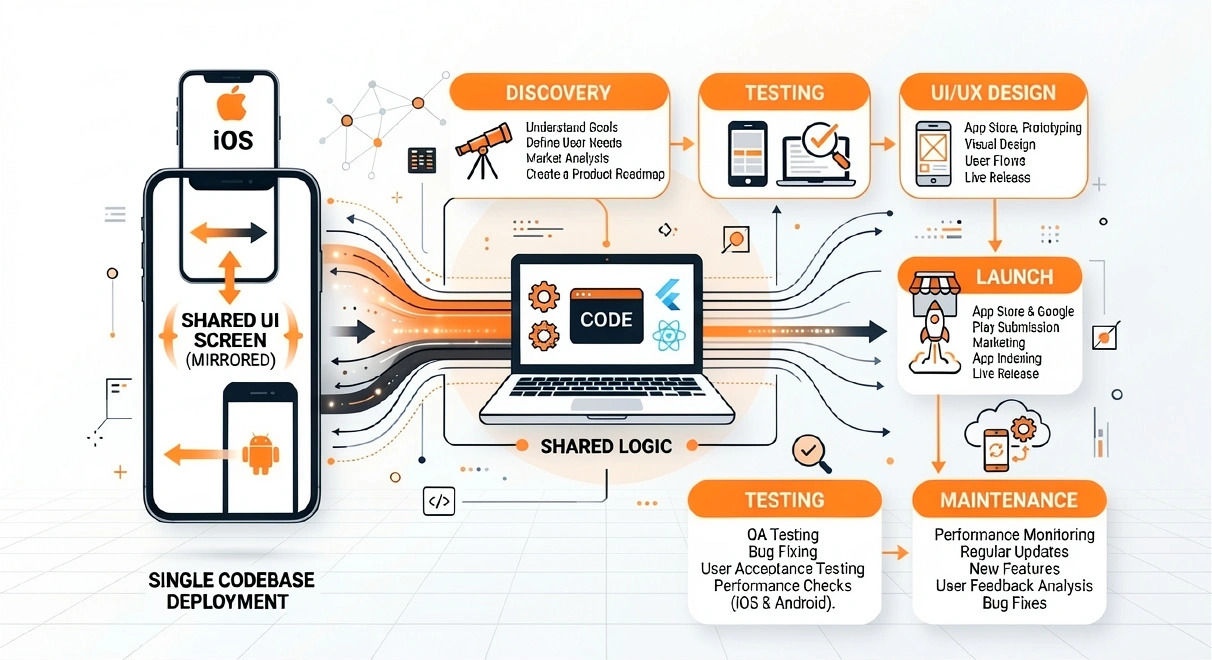 Steps of cross-platform mobile app development process from planning to launch