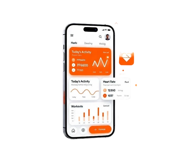 Modern 3D illustration of fitness app development showing mobile UI and smartwatch integration — VirtueNetz Dubai.