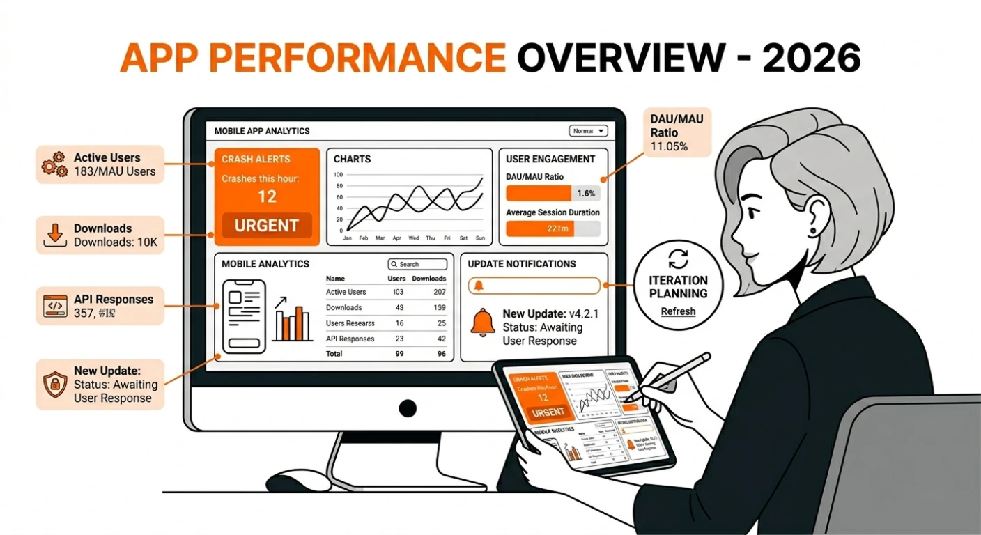 Product manager reviewing mobile app post-launch analytics dashboard in Dallas, including user engagement metrics, crash monitoring, and update planning for 2026.