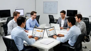 Mobile app development team working at a white table with laptops, orange accents, and black chairs