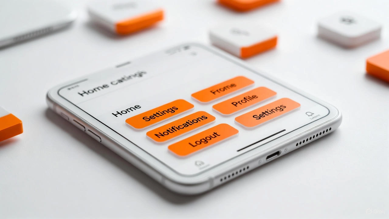 Mobile app UI mockup on a white frame with orange buttons and black text, displayed on a clean white surface