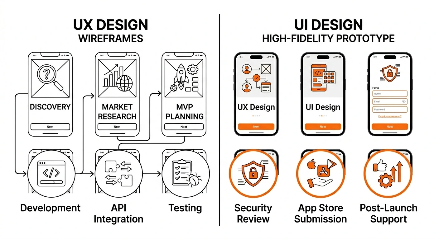 Illustration of mobile app UX wireframing and UI prototyping process in Dallas, showing low-fidelity wireframes and high-fidelity app design screens for 2026 app projects.