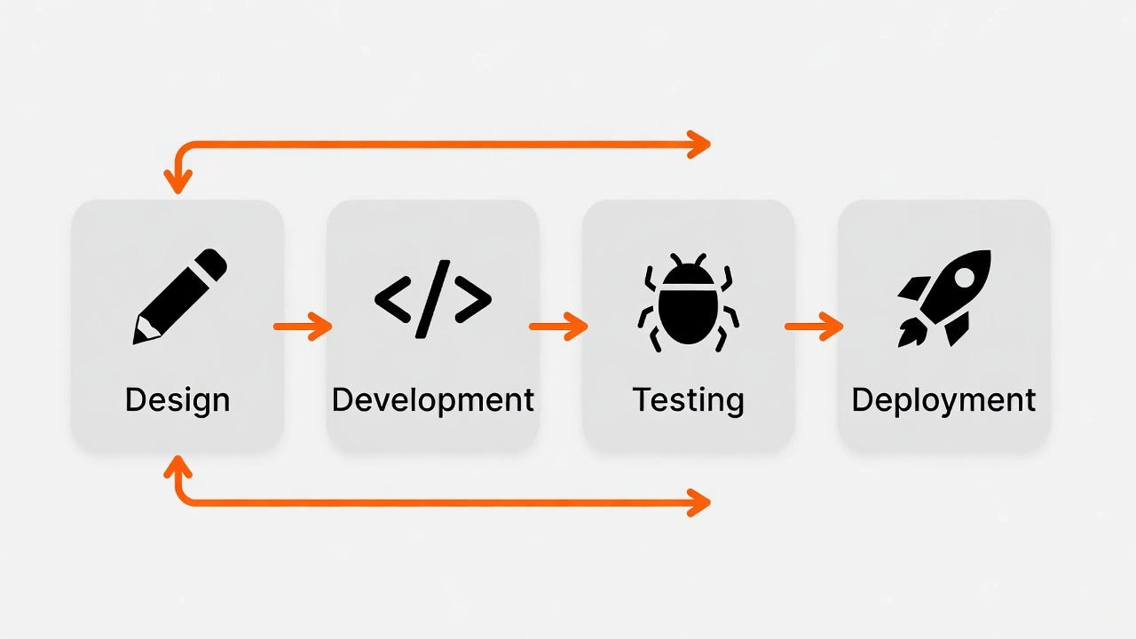 Illustration of mobile app development workflow with white background, orange flow arrows, and black icons