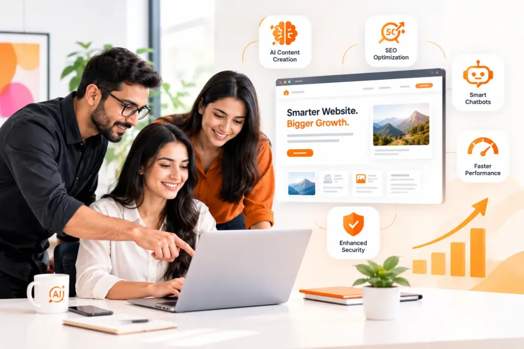 Modern web design team collaborating to integrate AI into website for smarter business growth and automated user experience.