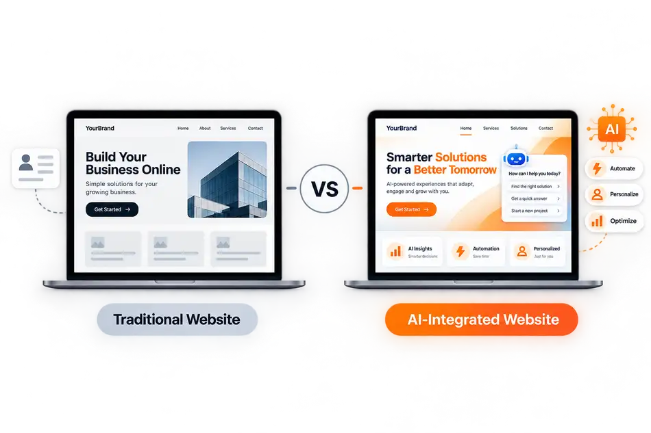 Comparison between traditional website and AI-integrated website demonstrating why businesses integrate AI into website.