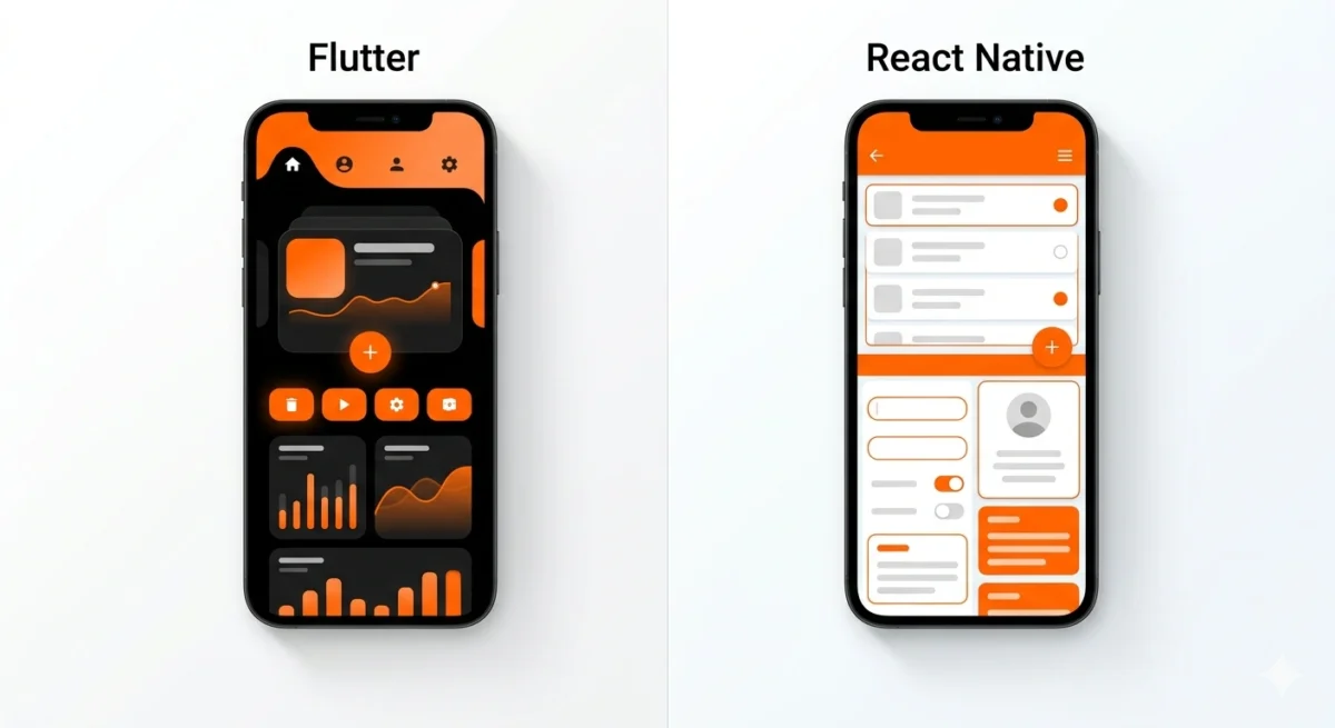Flutter vs React Native comparison in 2026 showing mobile app development frameworks side by side with modern UI design in white, orange, and black theme