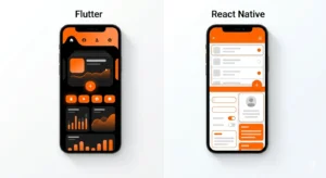 Flutter vs React Native comparison in 2026 showing mobile app development frameworks side by side with modern UI design in white, orange, and black theme