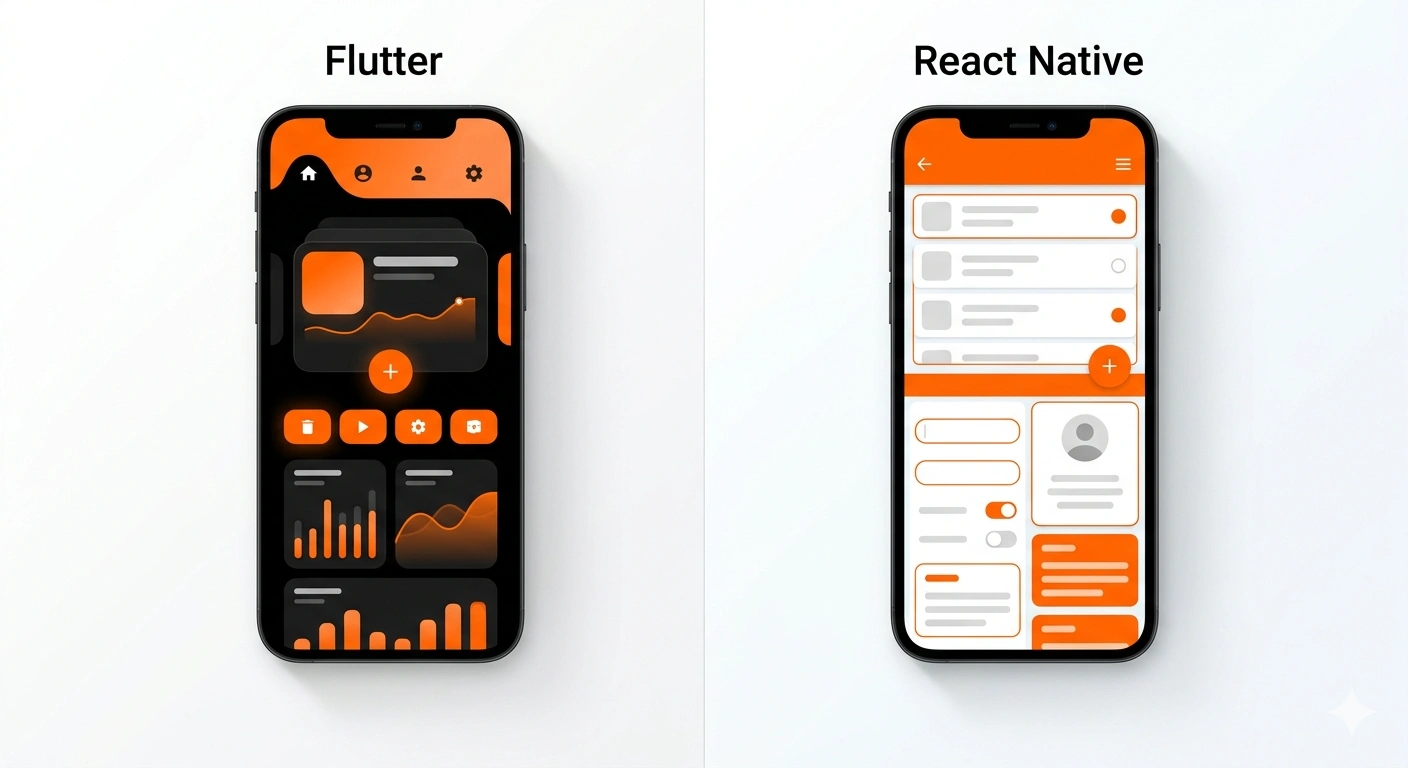 Flutter vs React Native comparison in 2026 showing mobile app development frameworks side by side with modern UI design in white, orange, and black theme