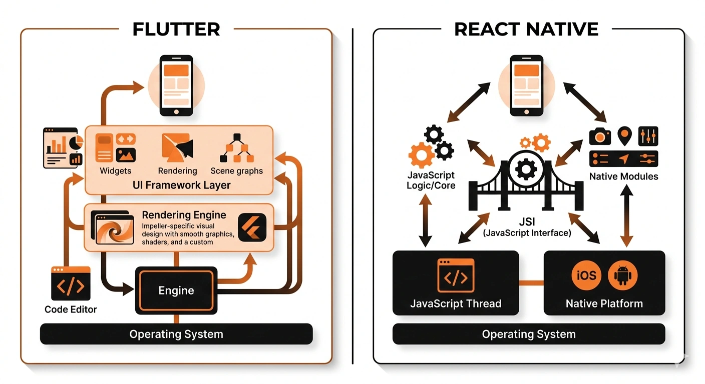 Technical architecture comparison of Flutter vs React Native showing rendering engine, JavaScript bridge, and performance flow in modern mobile app development