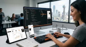 Hire Flutter app developer Dallas showing cross platform mobile app development interface