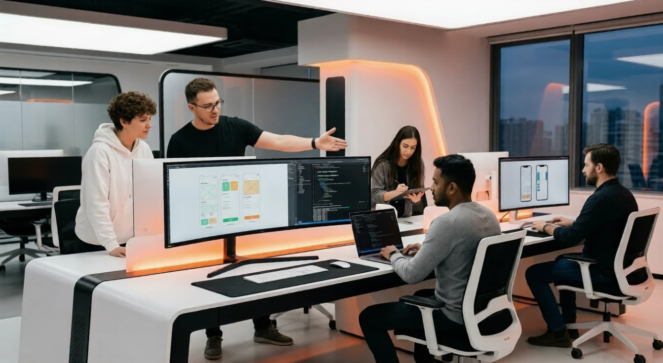Mobile app developers and designers collaborating on UI UX and code in a modern workspace