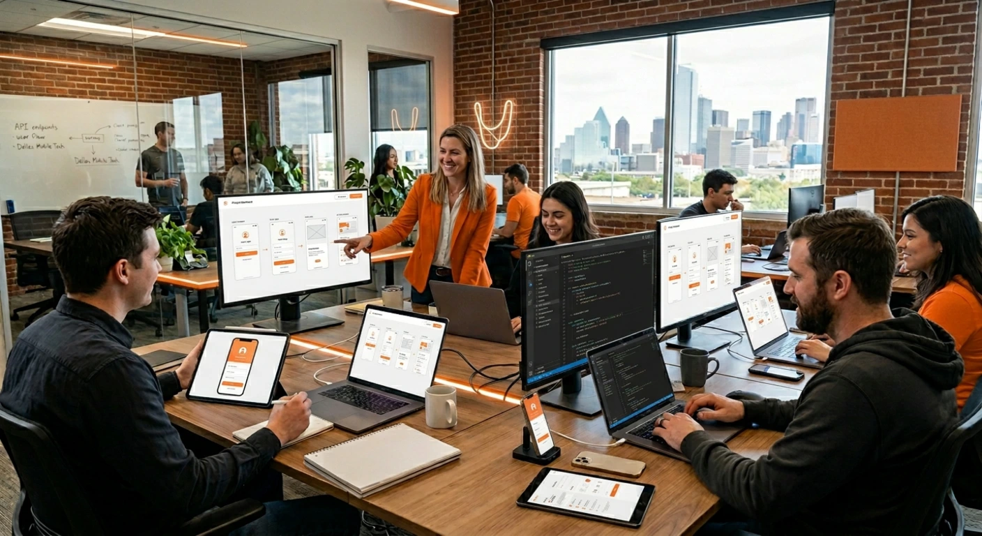 mobile app development team structure with project manager, designers, developers and QA in Dallas