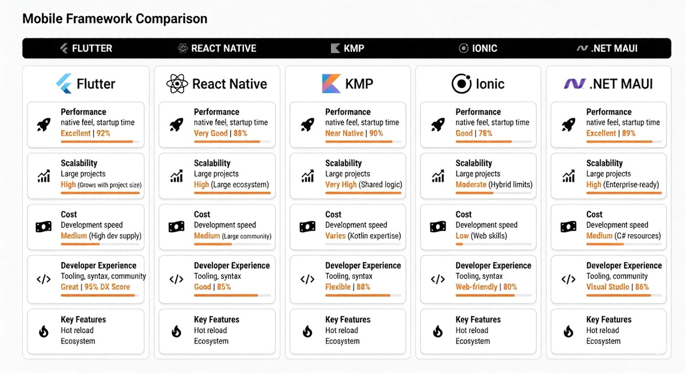 mobile app frameworks comparison Flutter vs React Native vs KMP vs Ionic vs MAUI