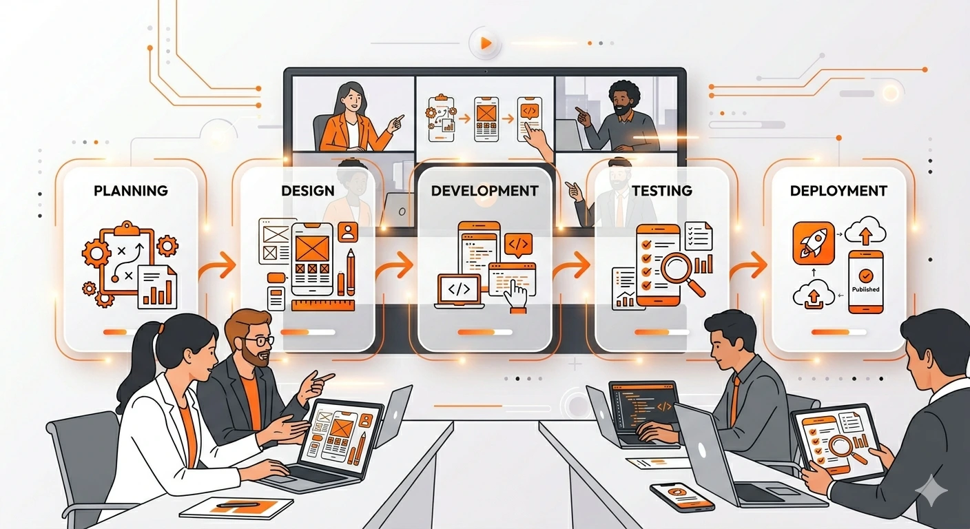 remote and hybrid mobile app development team collaborating in Dallas with online tools