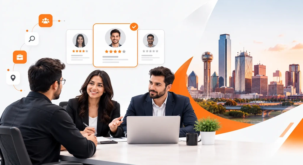 Business team discussing mobile app developer hiring and candidate selection in Dallas, Texas.