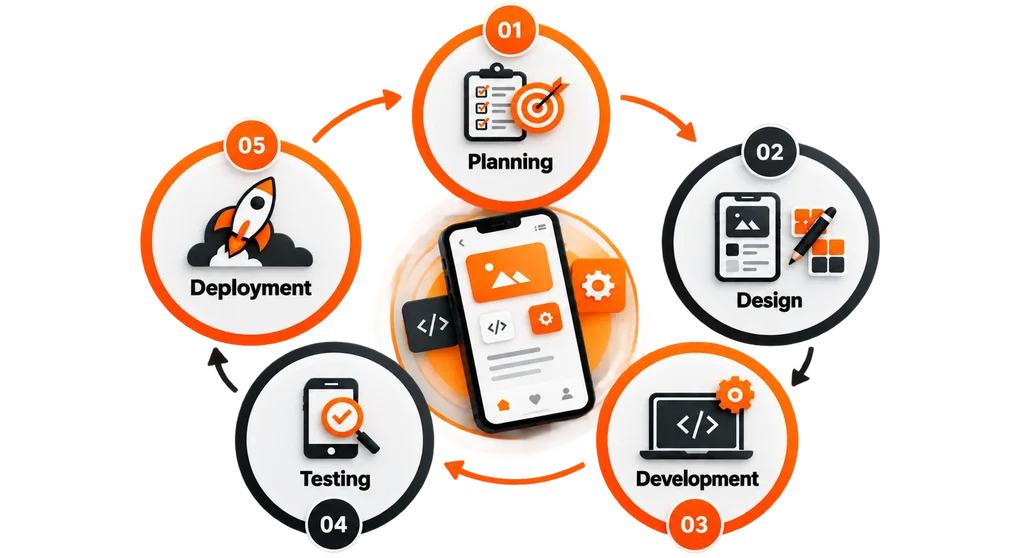 Mobile app development process showing planning, design, development, testing, and deployment stages.