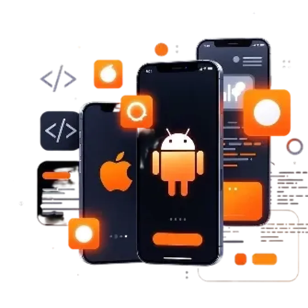 Futuristic 3D illustration of native mobile app development with iOS and Android smartphones, orange glowing icons, black and white tech background.